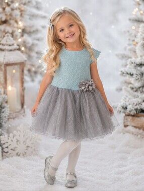 2/$50 Nannette Girl Sparkly Tulle Dress 3T Blue Silver Lace Party
